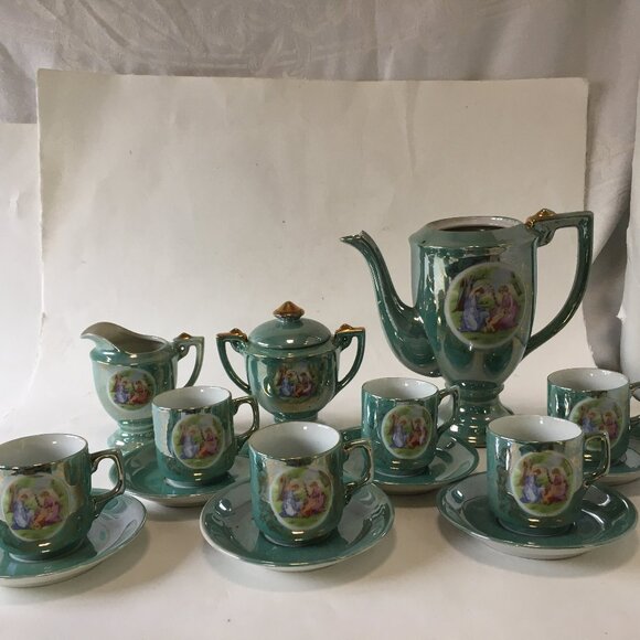 Vintage Victorian Couple Iridescent Porcelain Tea Set Luster Japan Blue Teapot - Picture 2 of 16